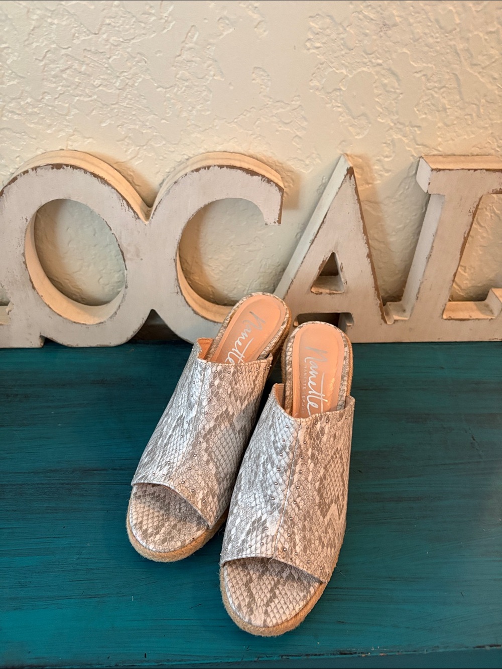 Nanette Lepore Silver Snake-Print Open-Toe Espadrille Mules
